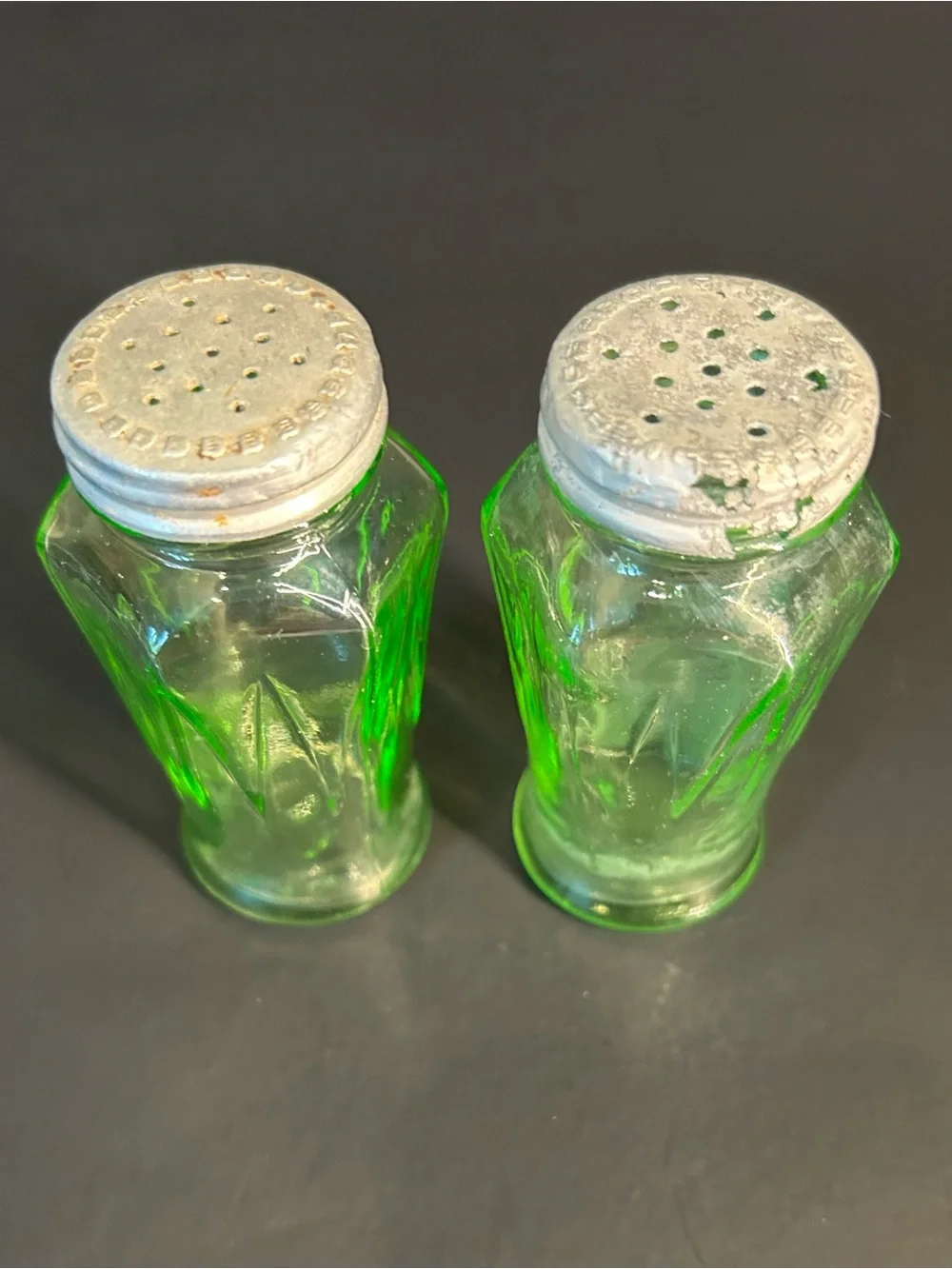 Hazel Atlas Green Uranium Glass Salt & Pepper Shakers